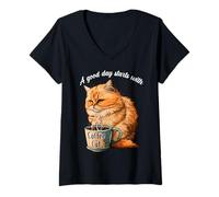 Donna Divertente Tazza da caffè con Gatto Arancione soffice Amante dei Gatti Ragazze Donne Maglietta con Collo a V