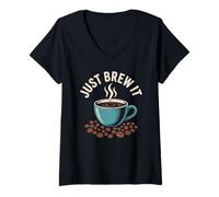 Donna Divertente Tazza di caffè Grafica Beans & Steam Caffeine Lovers Citazione Maglietta con Collo a V