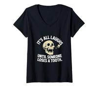 Donna Divertente teschio umorismo It's All Laughs Skeleton Tooth Maglietta con Collo a V