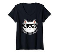 Donna Divertente testa di gatto bianco - COOL VIBES ONLY 1 - Fan Fun Maglietta con Collo a V
