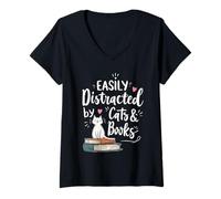 Donna Divertente Topo da Biblioteca Facilmente distratto da Gatti e Libri Maglietta con Collo a V