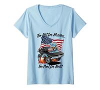 Donna Divertente, Troppo Caldo per Il Paradiso, Troppo Bello per l'inferno, Design a Forma di Muscle Car Maglietta con Collo a V