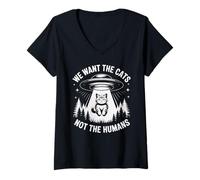 Donna Divertente UFO Cat Alien "We Want The Cats Not The Humans" Umorismo Maglietta con Collo a V