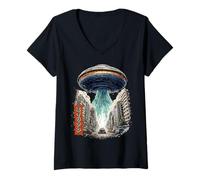 Donna Divertente Ufo Volante Piattino Giapponese Extraterrestre Vintage Maglietta con Collo a V