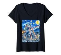 Donna Divertente Unicorno Kaiju Monster Starry Night Van Gogh Dipinto Maglietta con Collo a V