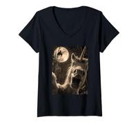Donna Divertente Unicorno Selfie Luna Piena Volare Strega Foresta Halloween Maglietta con Collo a V