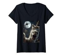 Donna Divertente Unicorno Selfie Luna Piena Volare Strega Foresta Halloween Maglietta con Collo a V
