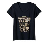Donna Divertente Vintage Tattoo Meme Flash Art Scherzo Cranio Trash Citazione Maglietta con Collo a V