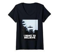 Donna Divertente Voglio Credere Classico UFO Speranzoso Incontro Maglietta con Collo a V