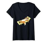 Donna Divertente Volpe Prendere Il Sole Cartone Animato Design Carino Rilassante Animale Maglietta con Collo a V