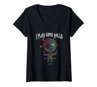 Donna Divertente Voodoo Gioco con Bambole Creepy Goth Witchy Gothic Maglietta con Collo a V