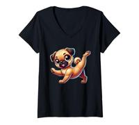 Donna Divertente Yoga Pug Stretching Carino Cane Cartone Animato Maglietta con Collo a V