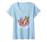 Donna Divertente Yorkshire Pool Float Flamingo Summer Party Vibes Maglietta con Collo a V