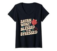 Donna Divertenti scherzi Satana Religioso Gesù Cristiano credente Maglietta con Collo a V