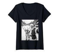 Donna Divertenti Selfie con Renne Babbo Natale nella Foresta di Maglietta con Collo a V