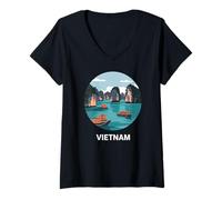 Donna Divertimento Viaggio Viaggio, Vintage Ha Long Bay Avventura Maglietta con Collo a V