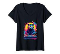 Donna DJ Bear in Stile Pop Art retrò Maglietta con Collo a V