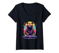 Donna DJ Bear in Stile Pop Art retrò Maglietta con Collo a V