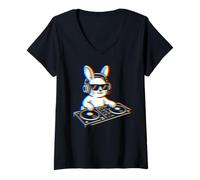Donna DJ Bunny Glitch Art Cuffie Giradischi Musica Design Maglietta con Collo a V