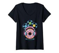 Donna Dj Cibo Donuts Vinili Musica Party Maglietta con Collo a V