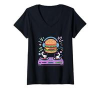 Donna Dj Cibo Mix Divertente Burger Maglietta con Collo a V