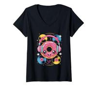 Donna Dj Food Ciambella Con Cuffie E Vinili Maglietta con Collo a V