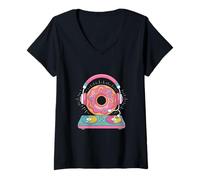 Donna Dj Food Donut Suonatore Bizzarro Maglietta con Collo a V