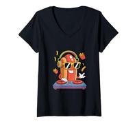 Donna Dj Food Hotdog Musica Beats Patatine Maglietta con Collo a V