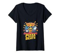 Donna Dj Food Pizza Beats Stile Divertente Maglietta con Collo a V