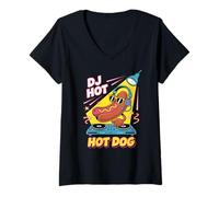 Donna Dj Hot Dog Cibo Divertente Musica Party Maglietta con Collo a V