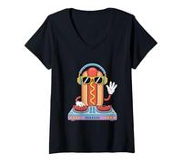 Donna DJ Hot Dog Cibo Musicale Party Maglietta con Collo a V