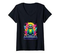 Donna DJ Parrot in Stile Pop Art retrò Maglietta con Collo a V