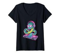 Donna Dj Serpente Con Cuffie Musica Party Maglietta con Collo a V