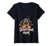 Donna Doberman Mamma Cane Doberman Pinscher Mama Cucciolo carino Maglietta con Collo a V