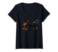 Donna Doberman Pinscher Giocando Lacrosse Lax Player Dog Lover Maglietta con Collo a V