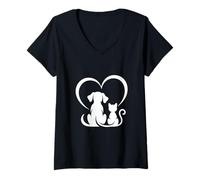 Donna Dog Cat Friends Forever Maglietta con Collo a V