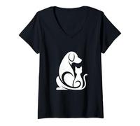 Donna Dog Cat Friends Forever Maglietta con Collo a V