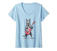 Donna Dog del Pastore Tedesco Vintage Che Suona Chitarra Maglietta con Collo a V