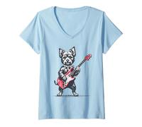 Donna Dog dello Yorkshire Terrier Vintage Suonare Chitarra Maglietta con Collo a V