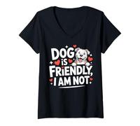 Donna Dog is Friendly I'm Not Funny Sarcastico Pitbull Proprietario Nero Maglietta con Collo a V