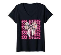 Donna Dog Sitting Dog Walker Dog Sitter Girl Coquette Bow Rosa Maglietta con Collo a V