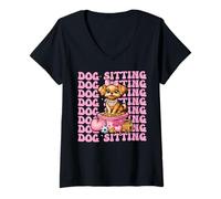 Donna Dog Sitting Dog Walker Dog Sitter Girl Coquette Bow Rosa Maglietta con Collo a V