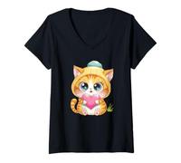 Donna Dolce Arancione Tabby Kitten Holding Heart Maglietta con Collo a V