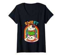 Donna Dolce Arcobaleno Gatti Dessert Carino Kawaii Food Art Maglietta con Collo a V