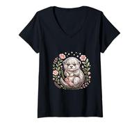 Donna Dolce Carino Lontra Kawaii Fiori Baby Lontra Maglietta con Collo a V