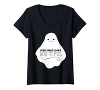 Donna Dolce Fantasma Dice Che Il Tuo Sorriso Sembra Divertente Halloween Maglietta con Collo a V