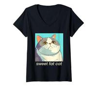 Donna Dolce Grasso Gatto Grafica Maglietta con Collo a V
