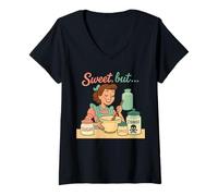 Donna Dolce Ma Psico Retrò Scuro Umorismo Vintage Maglietta con Collo a V