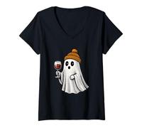 Donna Dolce Spirito Halloween Bicchiere da Vino Rosso Arancione Bobble Hat Vino Maglietta con Collo a V