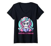 Donna Dolce unicorno. La lettura è magica. Maglietta con Collo a V